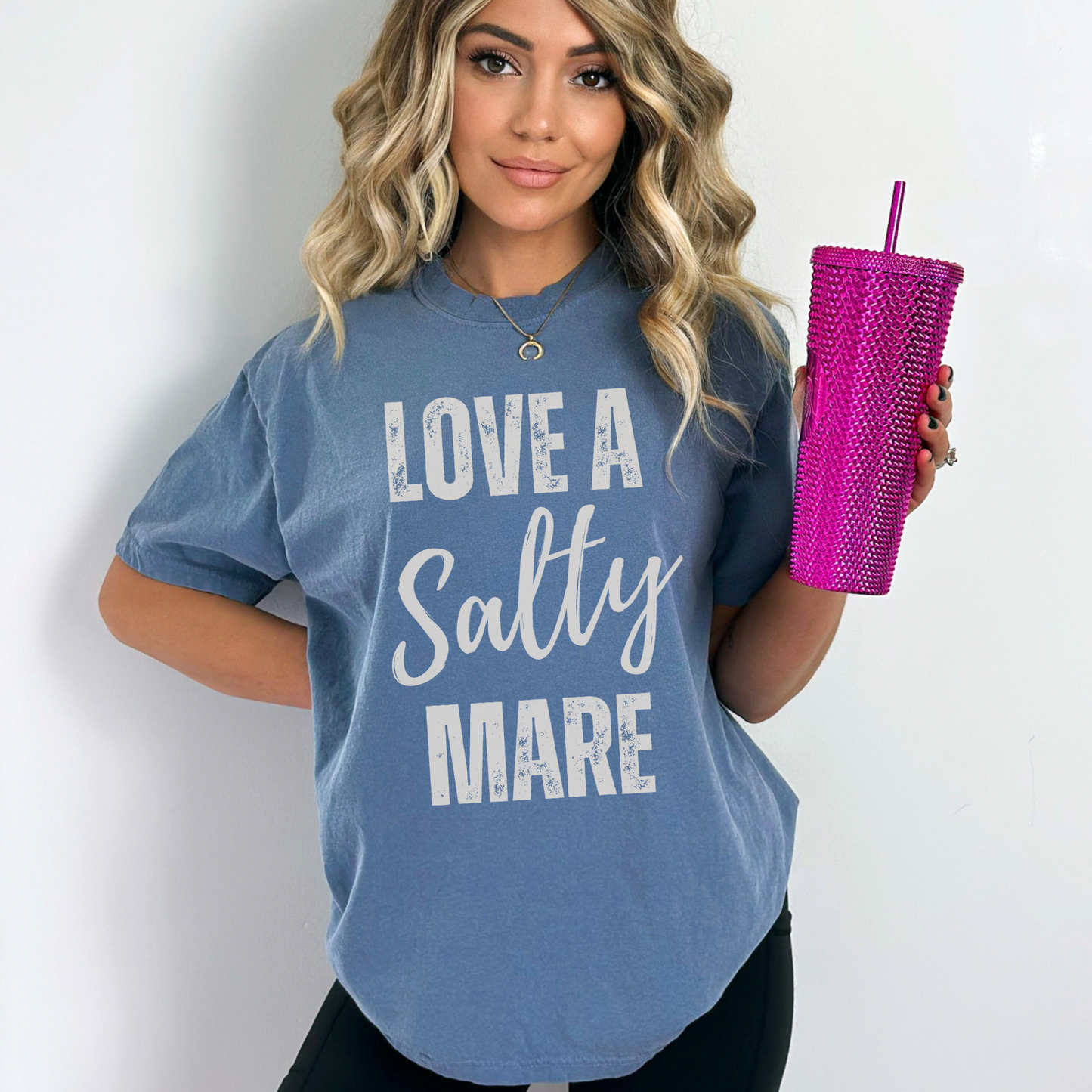 graphic tee with the saying love a salty Mare in a vintage font printed on a comfort colors tee.