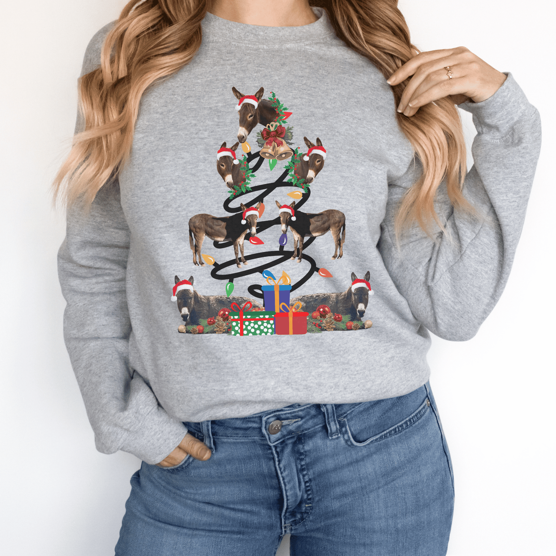 Several Donkeys making up the Christmas tree on a crew neck sweatshirt.