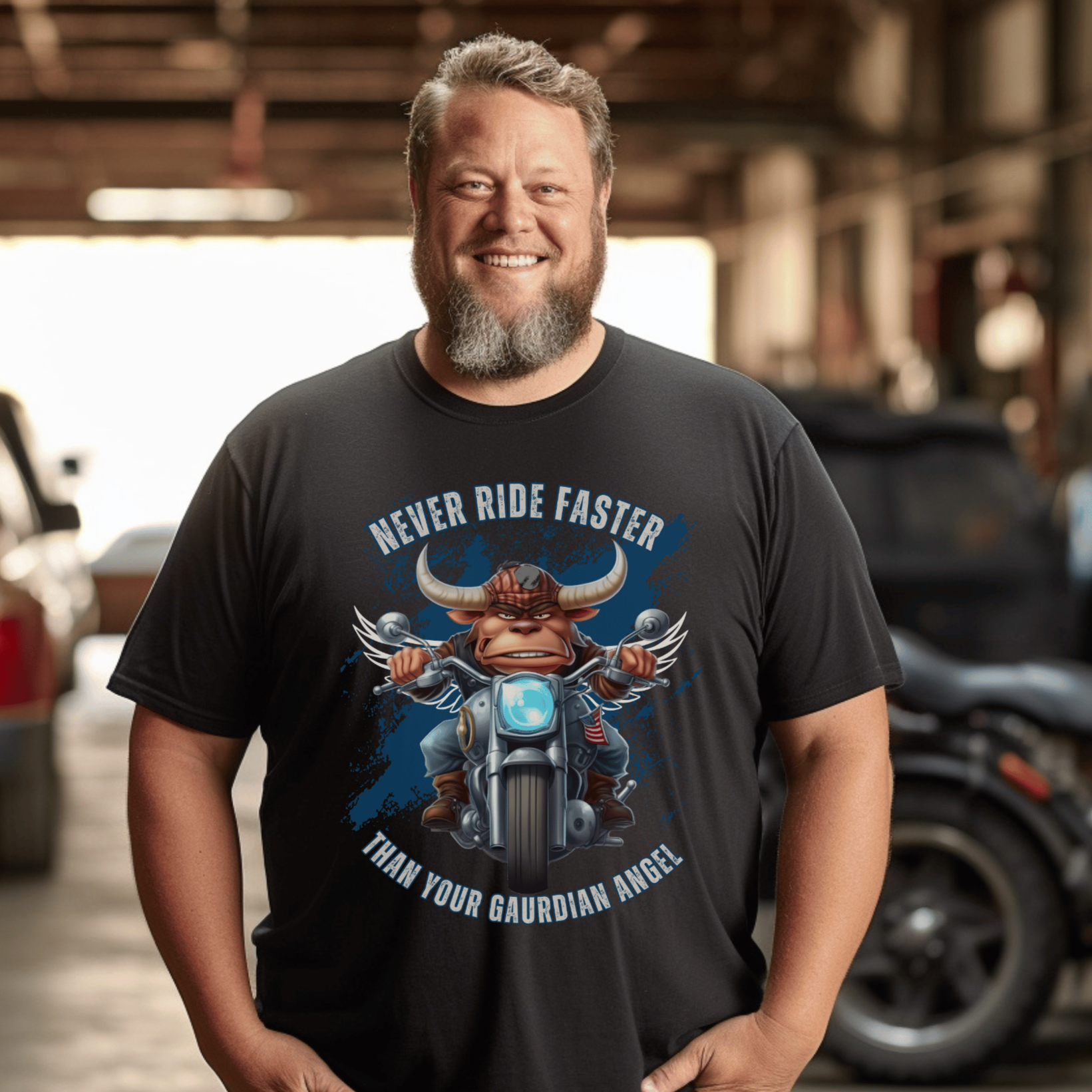 Biker t-shirt with a bull with angel wings riding a motorcyle ,with the saying Never Ride Faster Than Your Gaurdian Angel on a t-shir