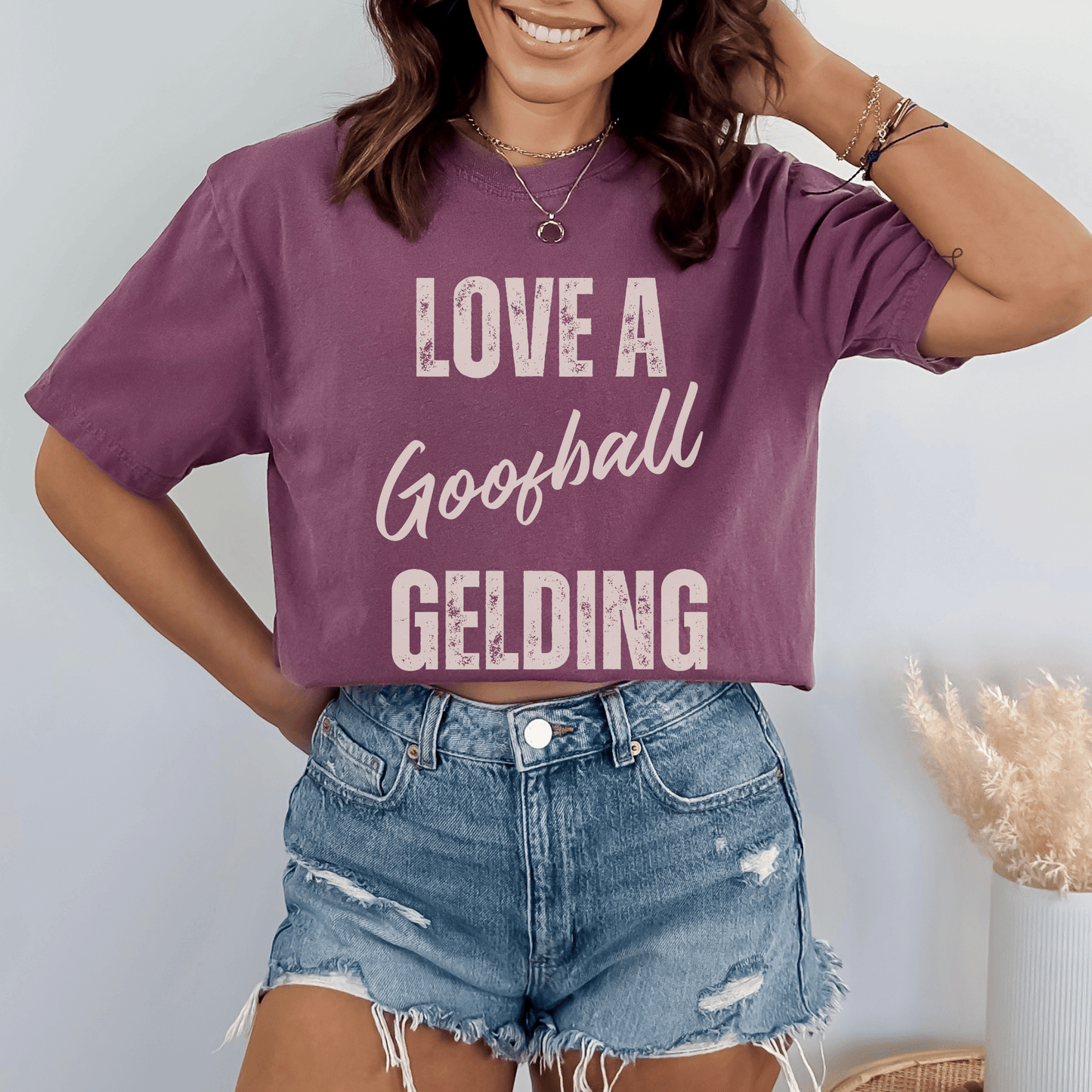 Graphic tee with the saying love a goofball gelding printed on a comfort colors tee.