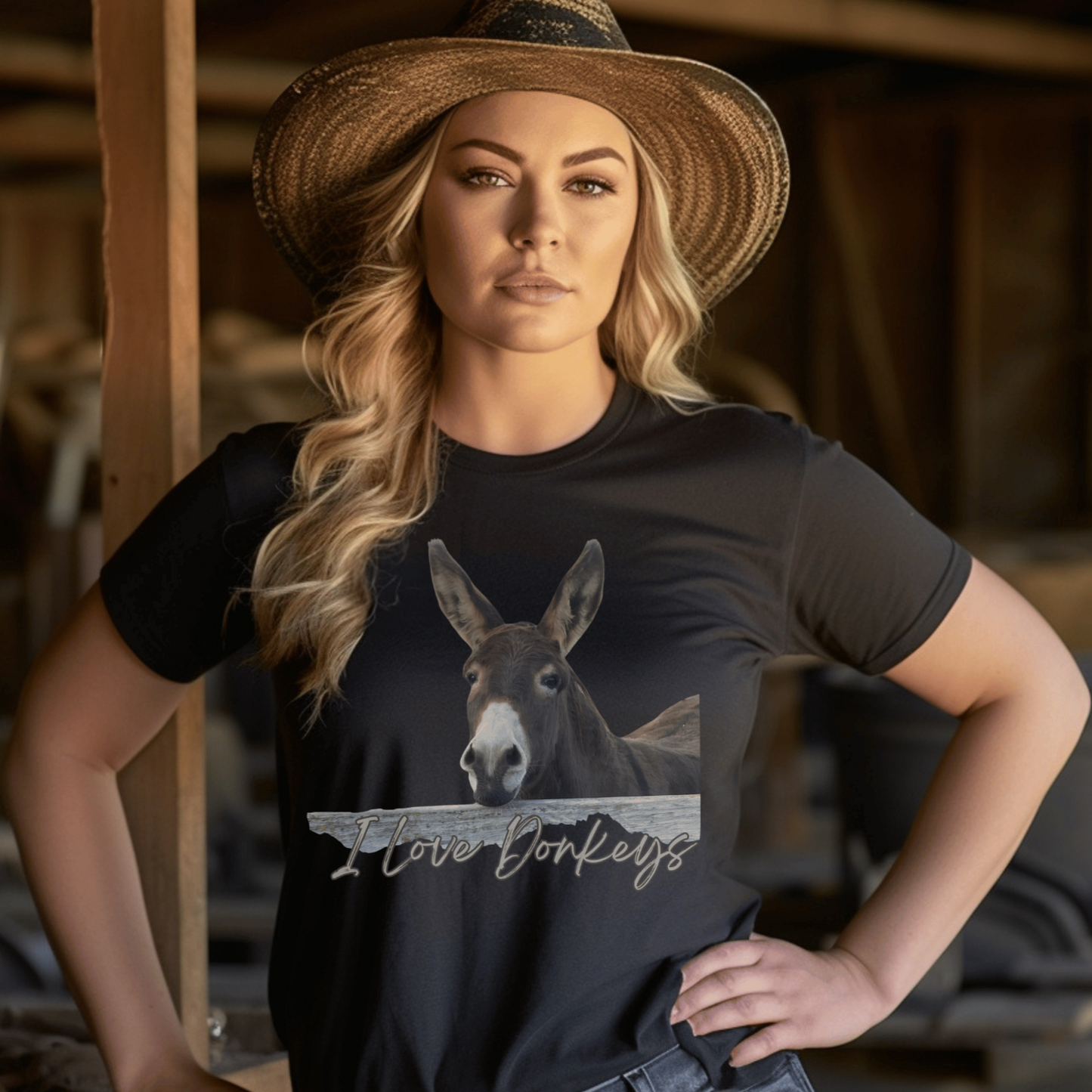 Cute Donkey looking over the fence with I love dokeys printed below it on a crew neck t-shirt