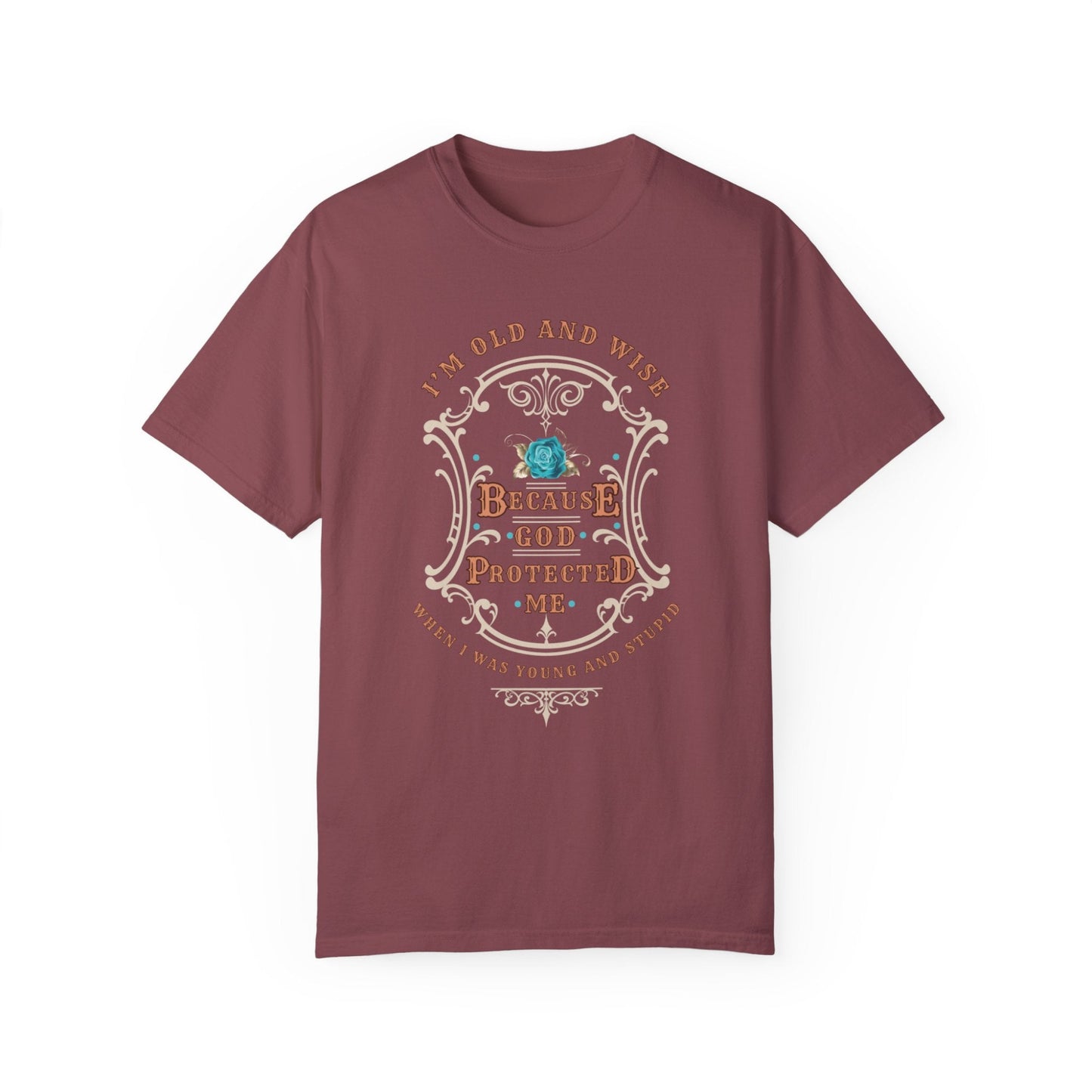 Funny t-shirt that perfectly captures the wisdom that comes with age and the protection of God! This witty shirt features the humorous phrase old and wise because God protected me when I was young and stupid.