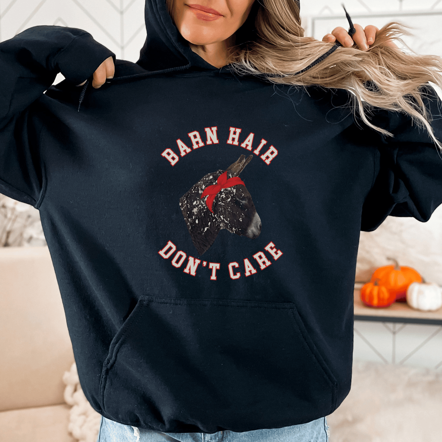 Cute Donkey covered in shavings hoodie! Perfect for horse and donkey lovers alike, this cozy hoodie features a charming Donkey design surrounded by wood shavings, alongside the empowering message Barn Hair, don't care.