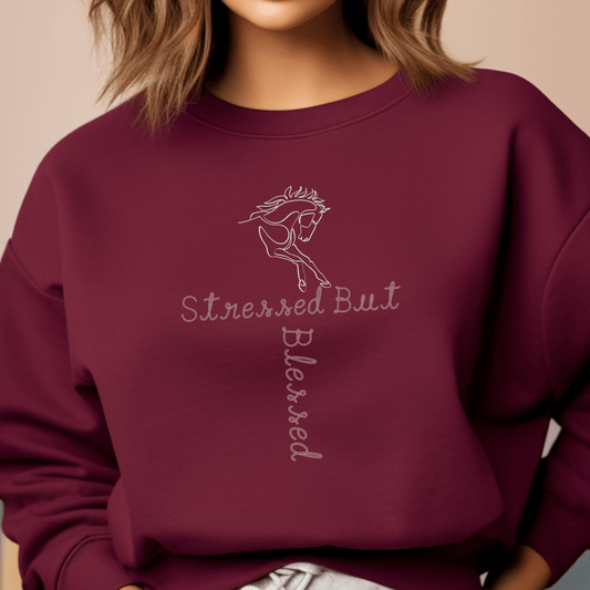 Introducing our Stressed but Blessed Horse Design Crew Neck Sweatshirt! Designed for those who appreciate the beauty of equestrian life, this cozy sweatshirt features a stunning horse design that perfectly captures the spirit of both stress and gr