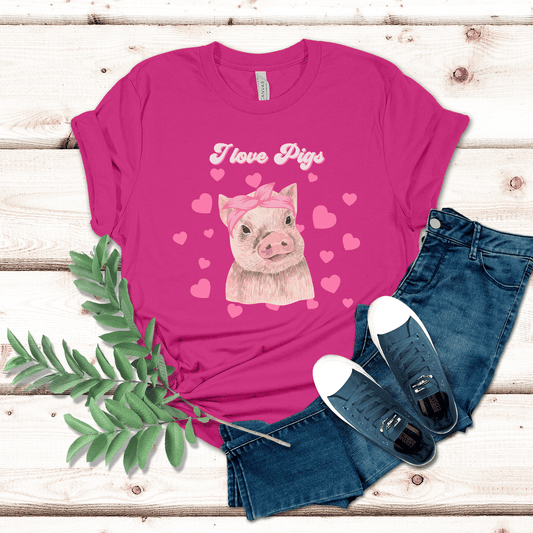 This product features an adorable design of a piglet surrounded by pink hearts, perfect for those who love pigs.