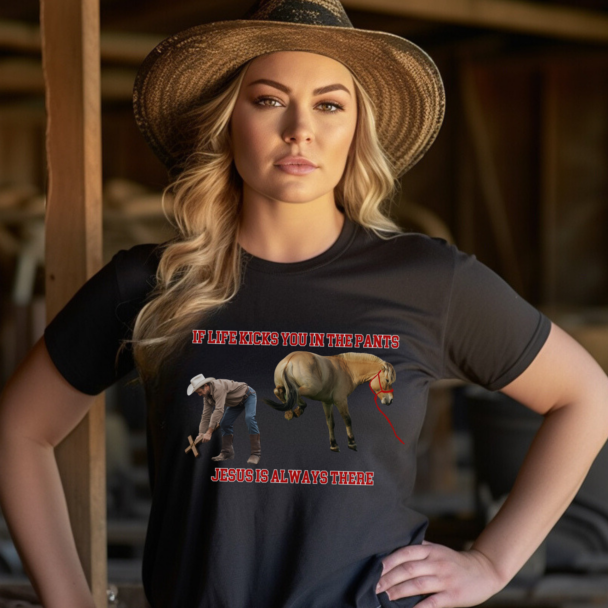 Crew Neck western t-shirt, If Life kicks you in the pants Jesus is always there. with the picture of a cowboy bending over holding a cross getting kicked by a horse.