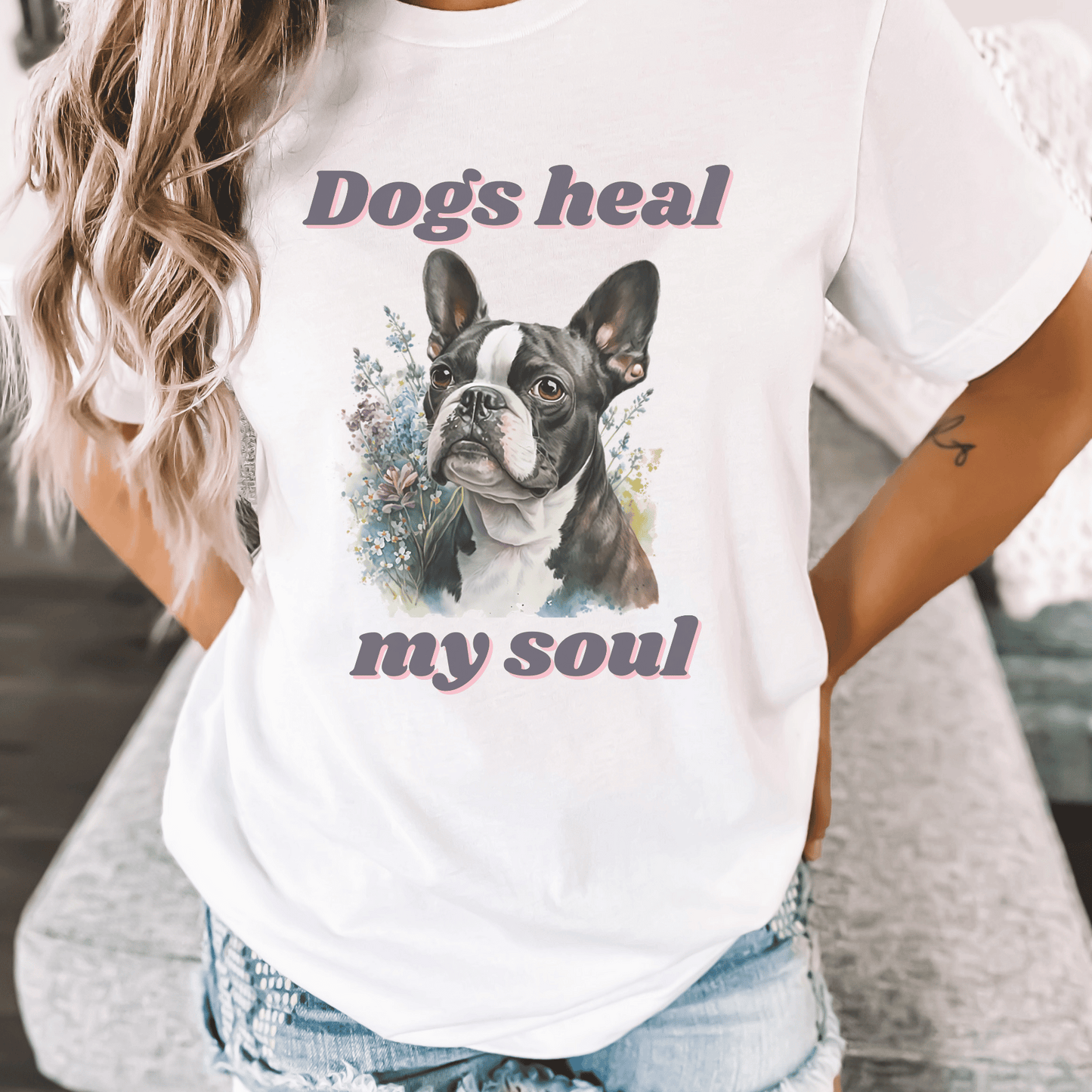 The " Dogs Heal My Soul" t-shirt features a cute Boston Terrier dog design, making it a perfect gift for any dog Momma who loves Boston Terriers. It is a unique and thoughtful gift that is sure to be appreciated.