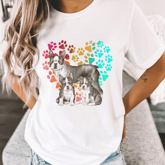 This Boston Terrier t-shirt features a paw print heart in the background, making it a unique and thoughtful gift for dog lovers, pet owners, and Boston Terrier moms. The shirt is perfect for anyone who wants to show off their love for their furry friend.