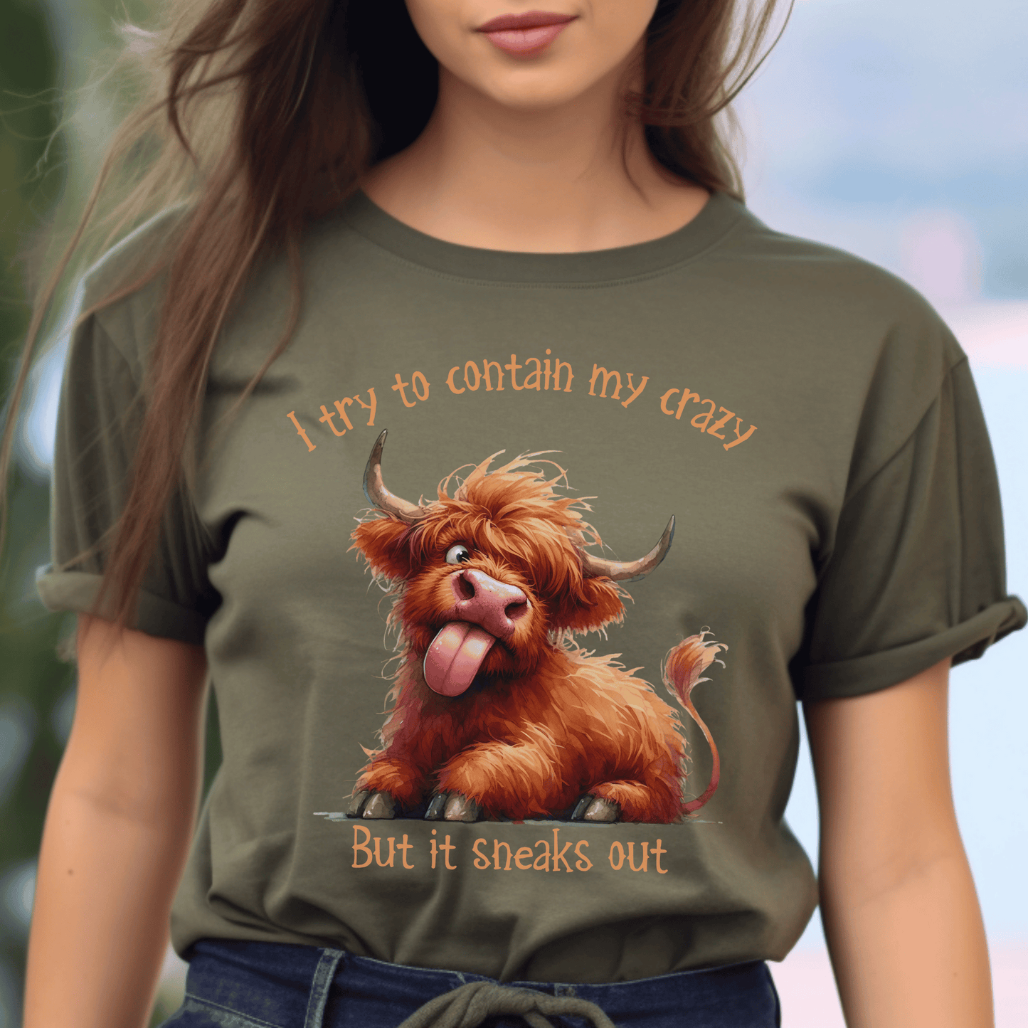 Quirky Highland Cow Graphic Tee - I Try to Contain  My Crazy - High Quality T-shirt