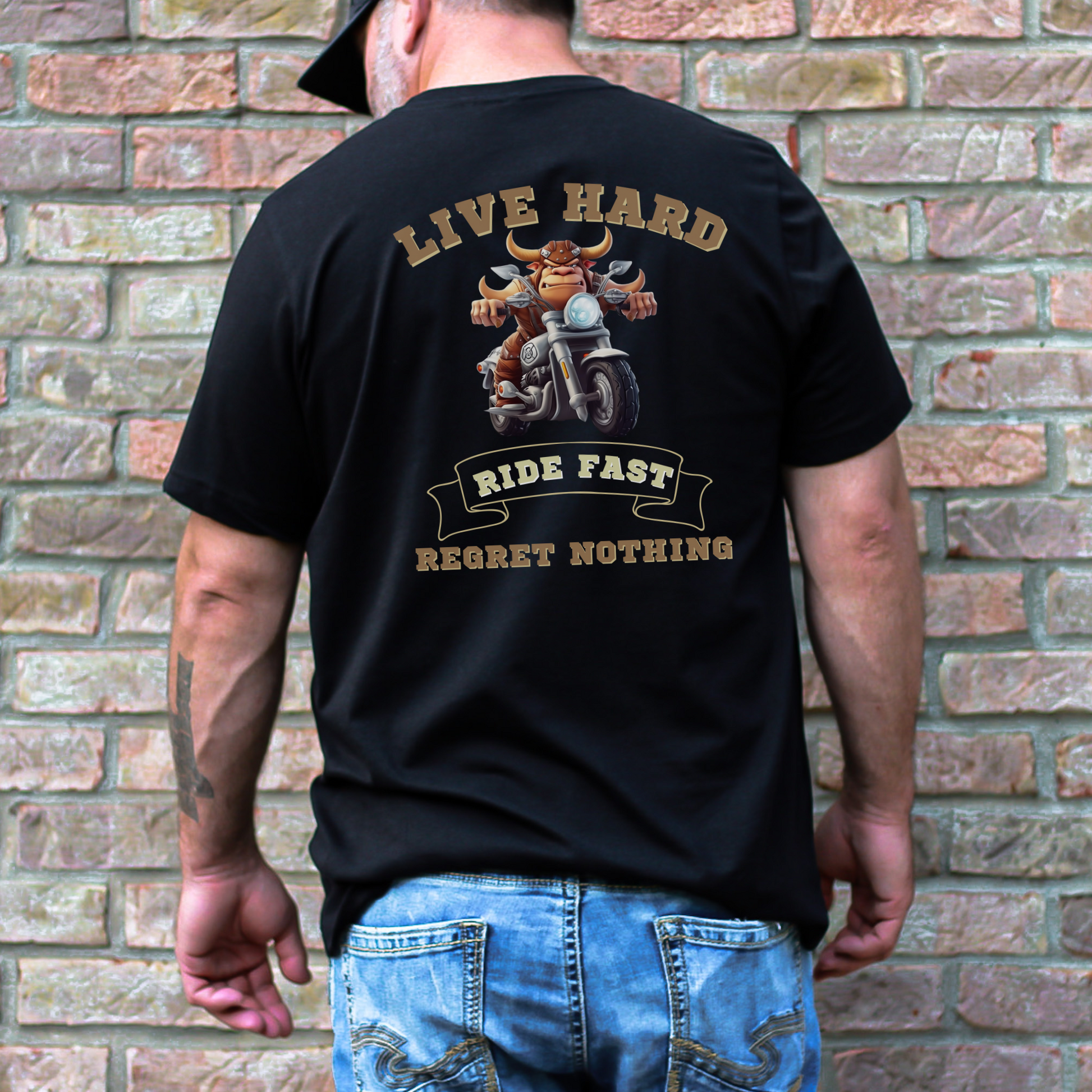 bull riding a motorcycle tee - the ultimate biker shirt for the motorcycle rider who lives hard, rides fast, and has no regrets. This motorcycle graphic tee is the perfect addition to any biker's wardrobe, featuring a bold design that is sure to turn heads.