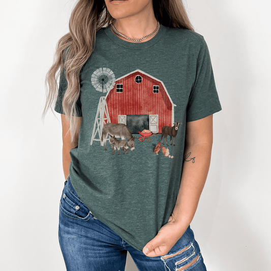 This cute farm shirt is great for anyone that loves the country and animals. The design features adorable farm animals and a red barn. This shirt is perfect gift for anyone who loves the outdoors and farms. Makes a great gift for animal lovers farmers, ranchers, and anyone in the countryside.