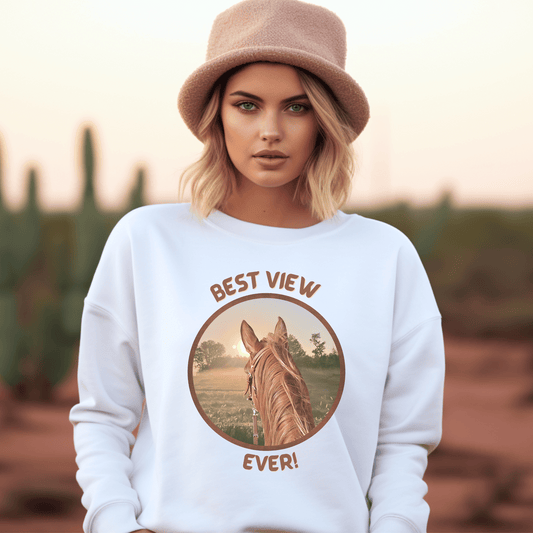 Best View Ever saying with a chestnut horse looking at the sunrise On a crew neck sweatshirt.