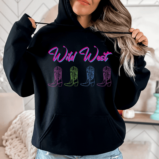 Wild West Neon Cowboy Boot Hoodie, the perfect blend of Western charm and vibrant style! This hoodie showcases a bold neon cowboy boot design that is sure to turn heads wherever you go.