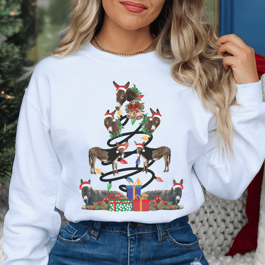 Several Donkeys making up the Christmas tree on a crew neck sweatshirt.