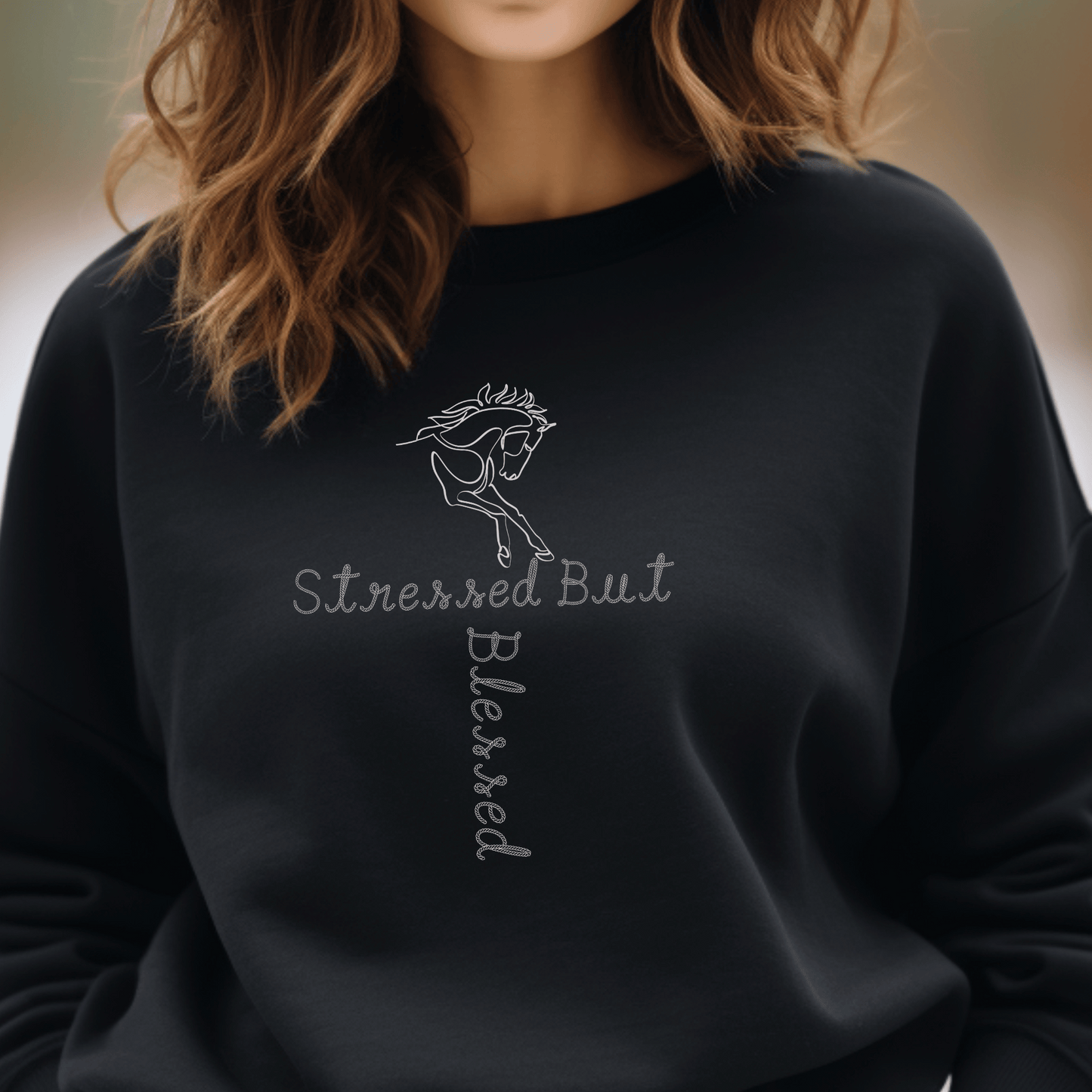 Introducing our Stressed but Blessed Horse Design Crew Neck Sweatshirt! Designed for those who appreciate the beauty of equestrian life, this cozy sweatshirt features a stunning horse design that perfectly captures the spirit of both stress and gr