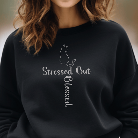 Attention all stressed but blessed cat lovers! Introducing our ultra-comfortable crew neck sweatshirt, designed exclusively for those who find solace in the company of their feline friends.