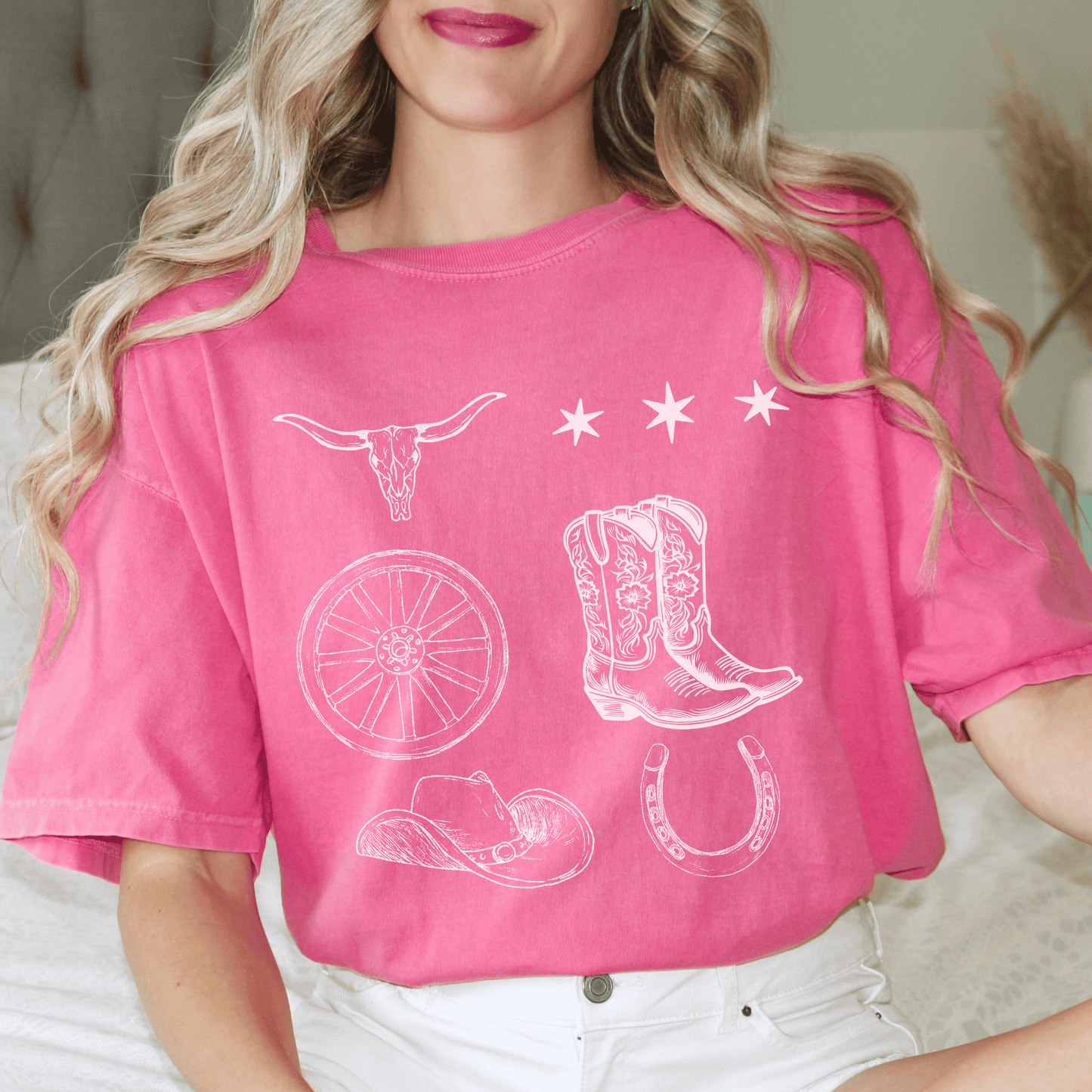 Western themed  cowgirl boots print t shirt.