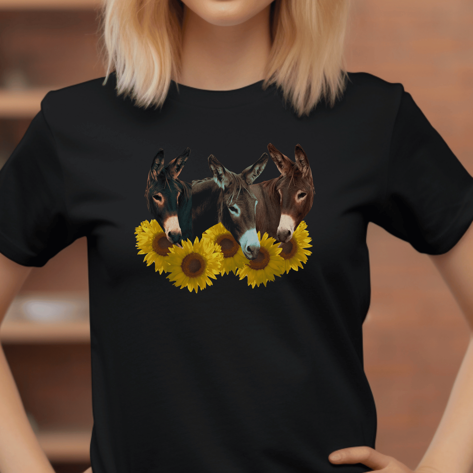 Three Donkey Heads surrounded by sunflowers on a crew neck t-shirt