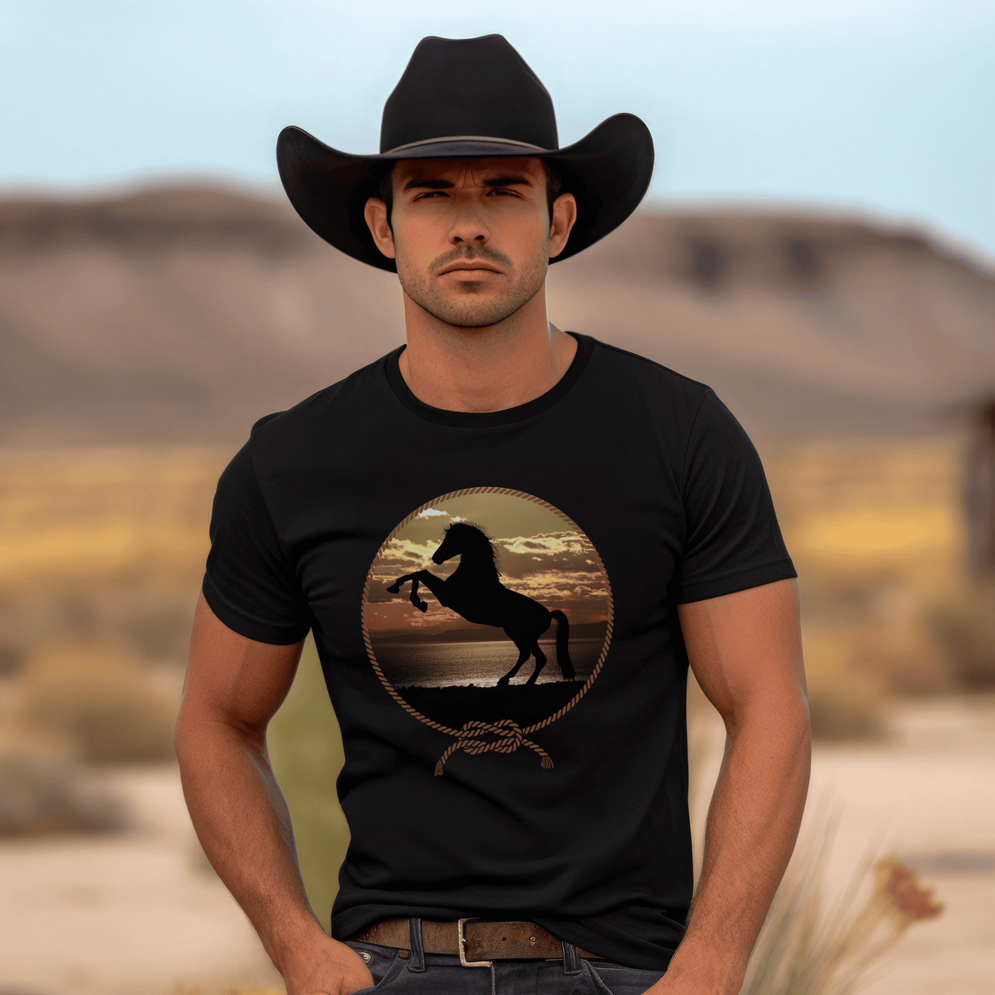 Experience the beauty of the wild west with this Rearing Horse at the Beach tee. Featuring a majestic  rearing horse against a stunning backdrop of sun, sand, and surf at sunset, this unique design brings a bold western vibe to any look. Be the envy of the town!