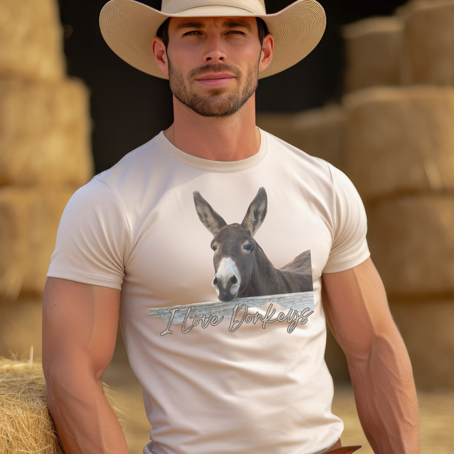 Cute Donkey looking over the fence with I love dokeys printed below it on a crew neck t-shirt