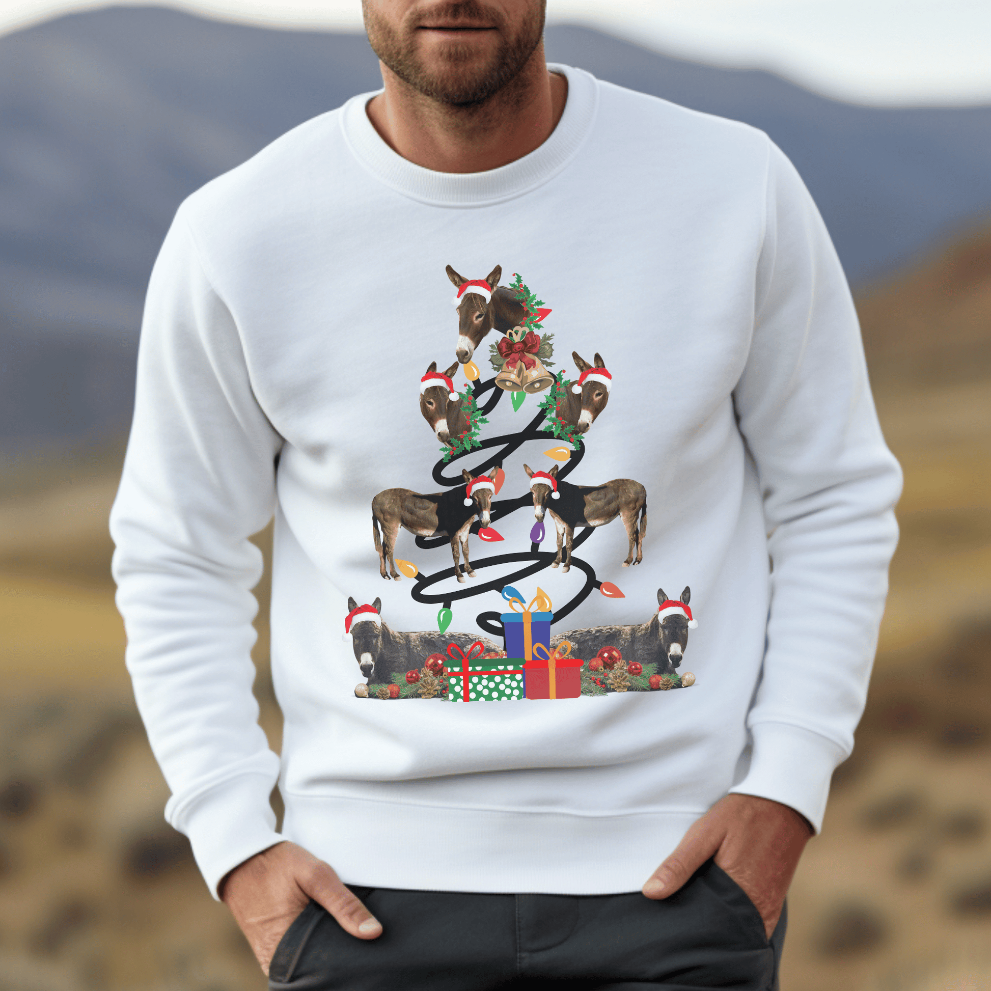 Several Donkeys making up the Christmas tree on a crew neck sweatshirt.