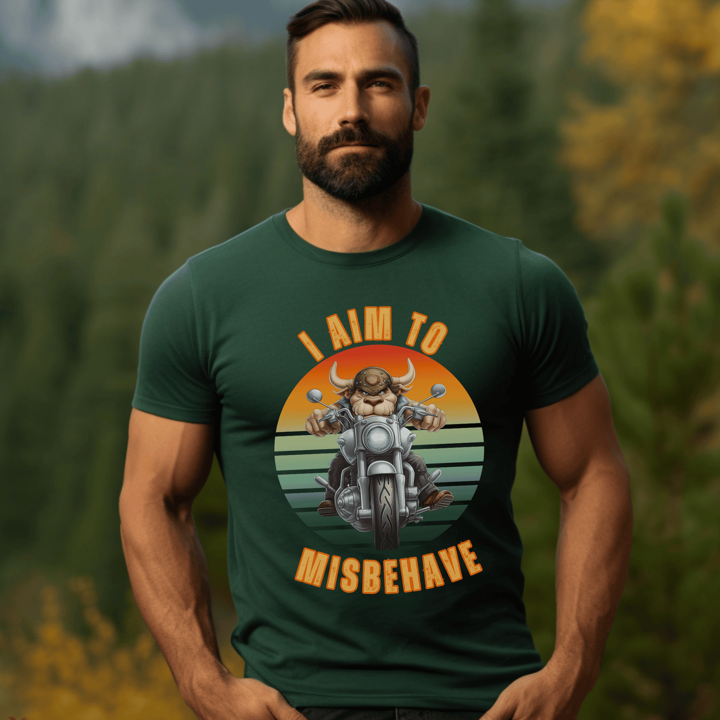 Funny tee with a bull that is riding a motorcycle with a vintage scene and text that says I aim to misbehave ptinted on a round neck t-shirt.