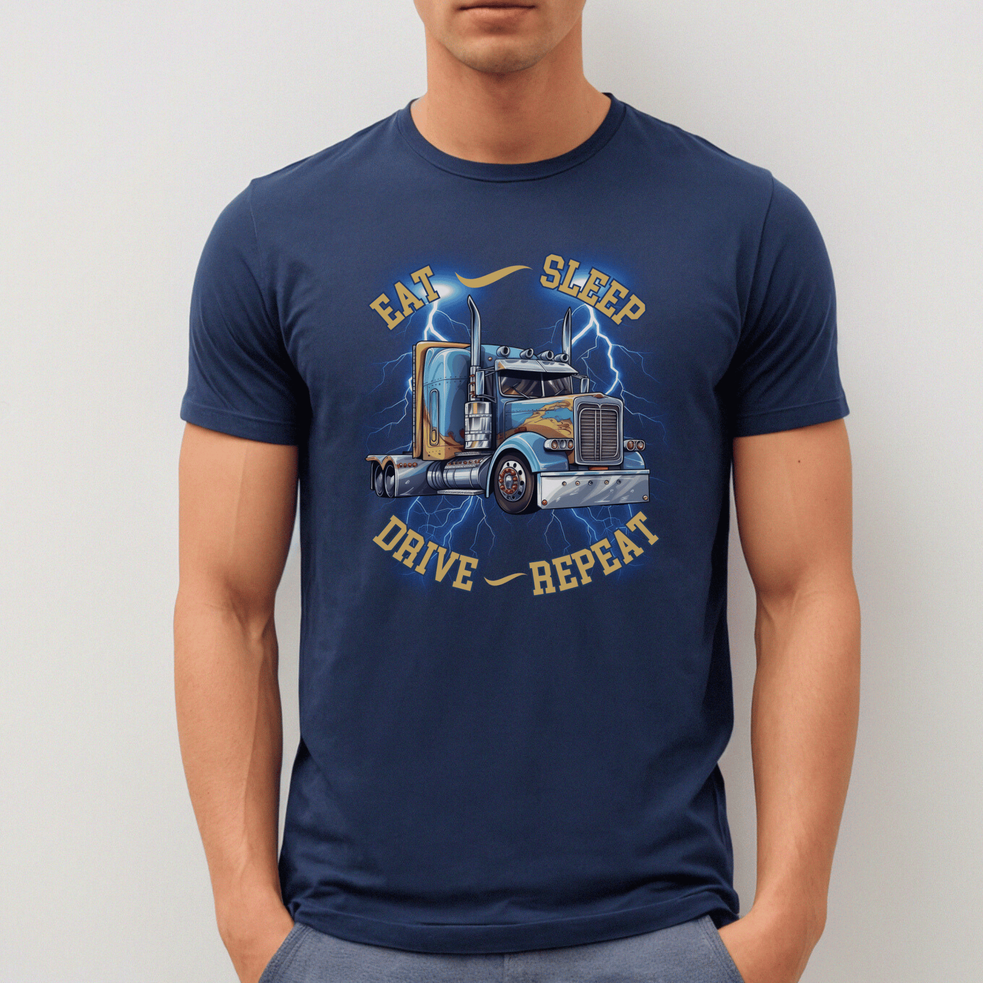  high-quality t-shirt featuring a bold semi-truck design that exudes an adventurous spirit. The eye-catching phrase eat, sleep, drive, repeat adds a touch of charm and character to this classic piece. 