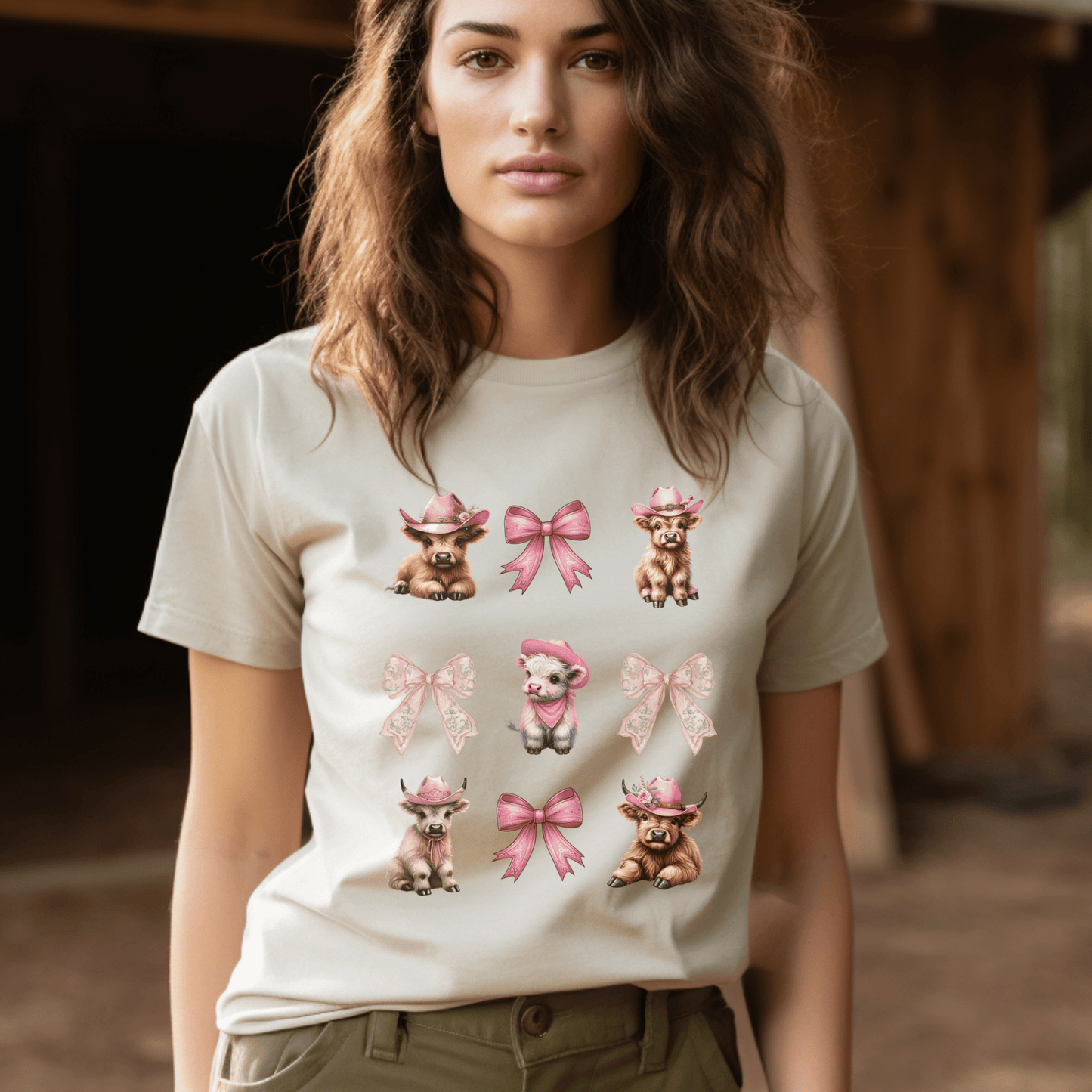 Coquette style design that includes cute highland cow calves and pink ribbions on a high quality t-shirt.