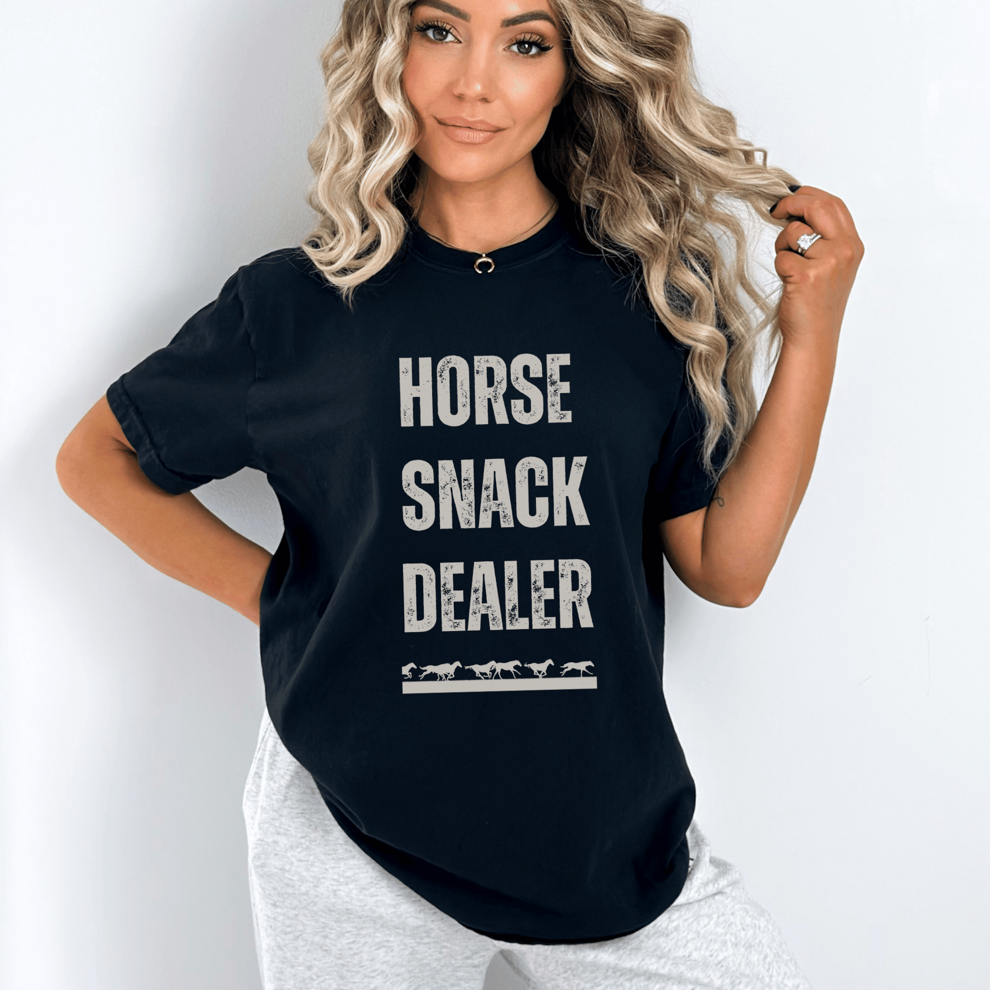 Vintage design with the words Horse snack Dealer printed on a crew neck comfort colors tee.