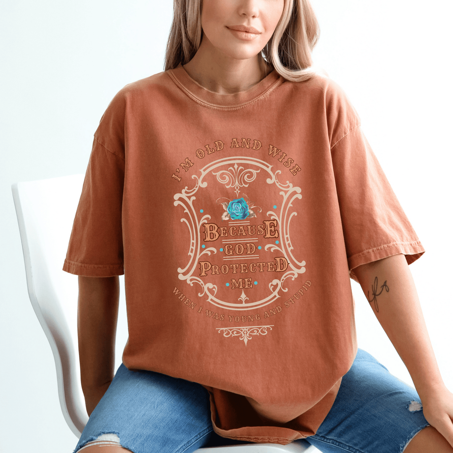 Funny t-shirt that perfectly captures the wisdom that comes with age and the protection of God! This witty shirt features the humorous phrase old and wise because God protected me when I was young and stupid.