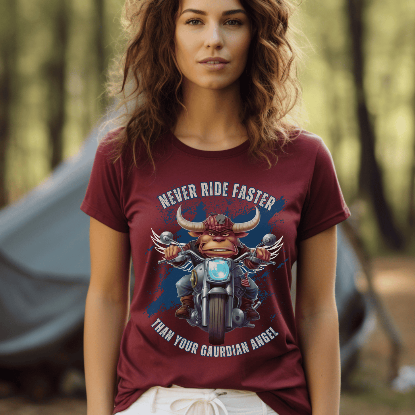 "New" Never Ride Faster Than Your Angel Motorcycle t-shirt