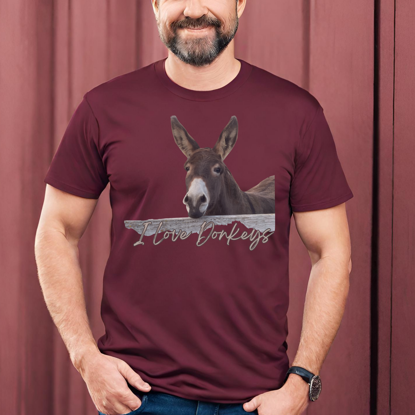 Cute Donkey looking over the fence with I love dokeys printed below it on a crew neck t-shirt