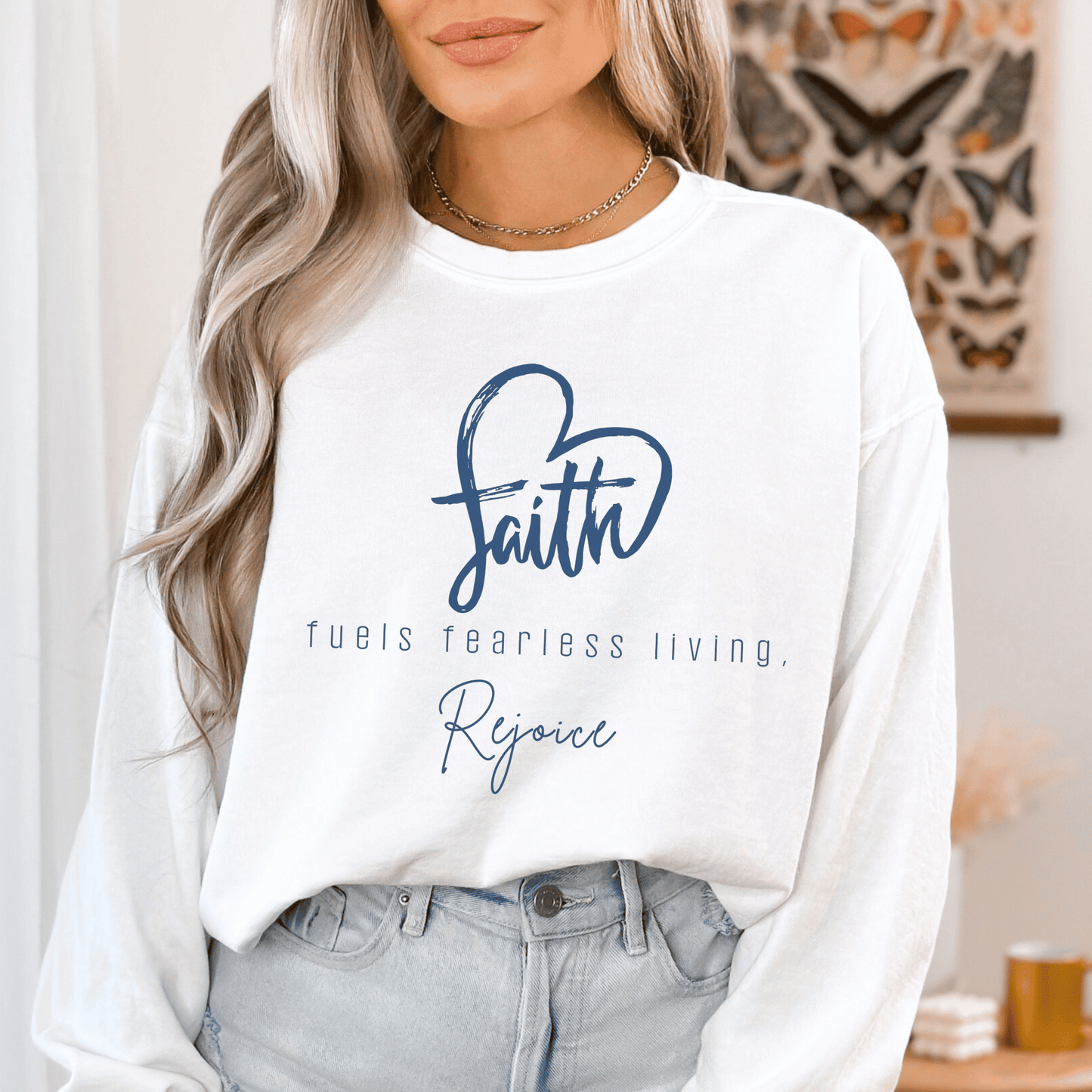 Faith Fuels Fearless living Christian Saying on a Comfort Colors Crew neck sweatshirt.