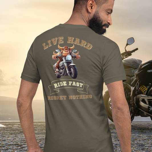 bull riding a motorcycle tee - the ultimate biker shirt for the motorcycle rider who lives hard, rides fast, and has no regrets. This motorcycle graphic tee is the perfect addition to any biker's wardrobe