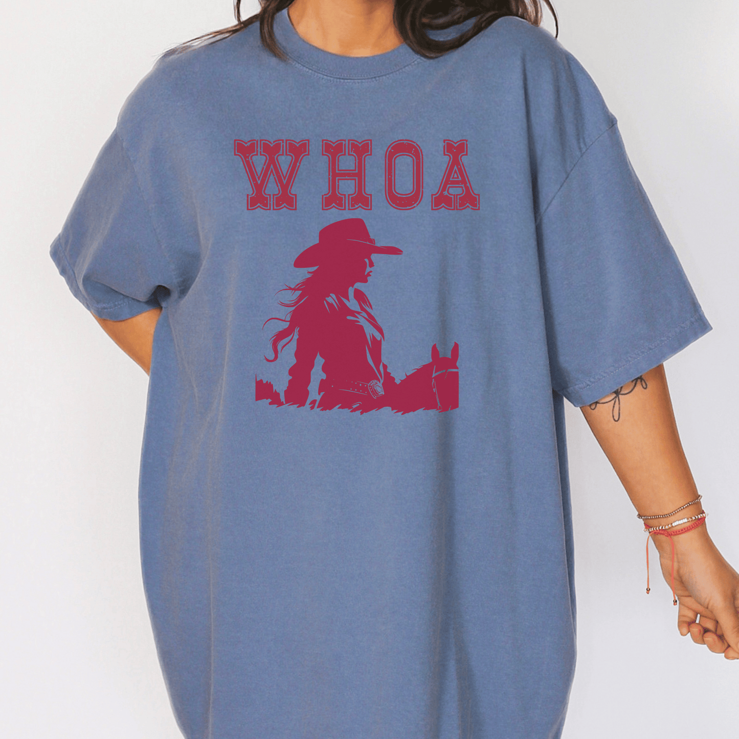 Trendy Whoa Girl in a red design printed on a comfort colors tee.