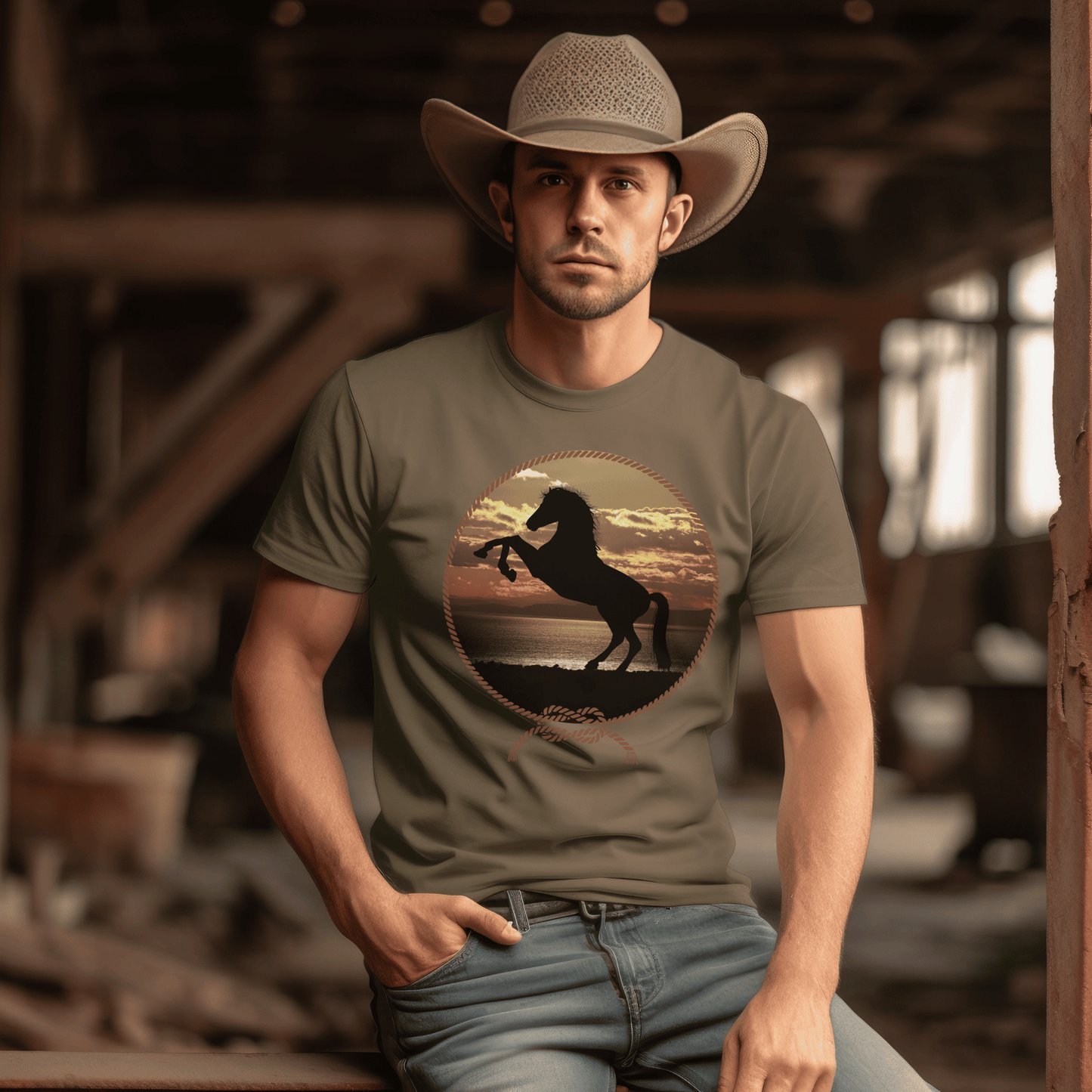 Experience the beauty of the wild west with this Rearing Horse at the Beach tee. Featuring a majestic  rearing horse against a stunning backdrop of sun, sand, and surf at sunset, this unique design brings a bold western vibe to any look. Be the envy of the town!