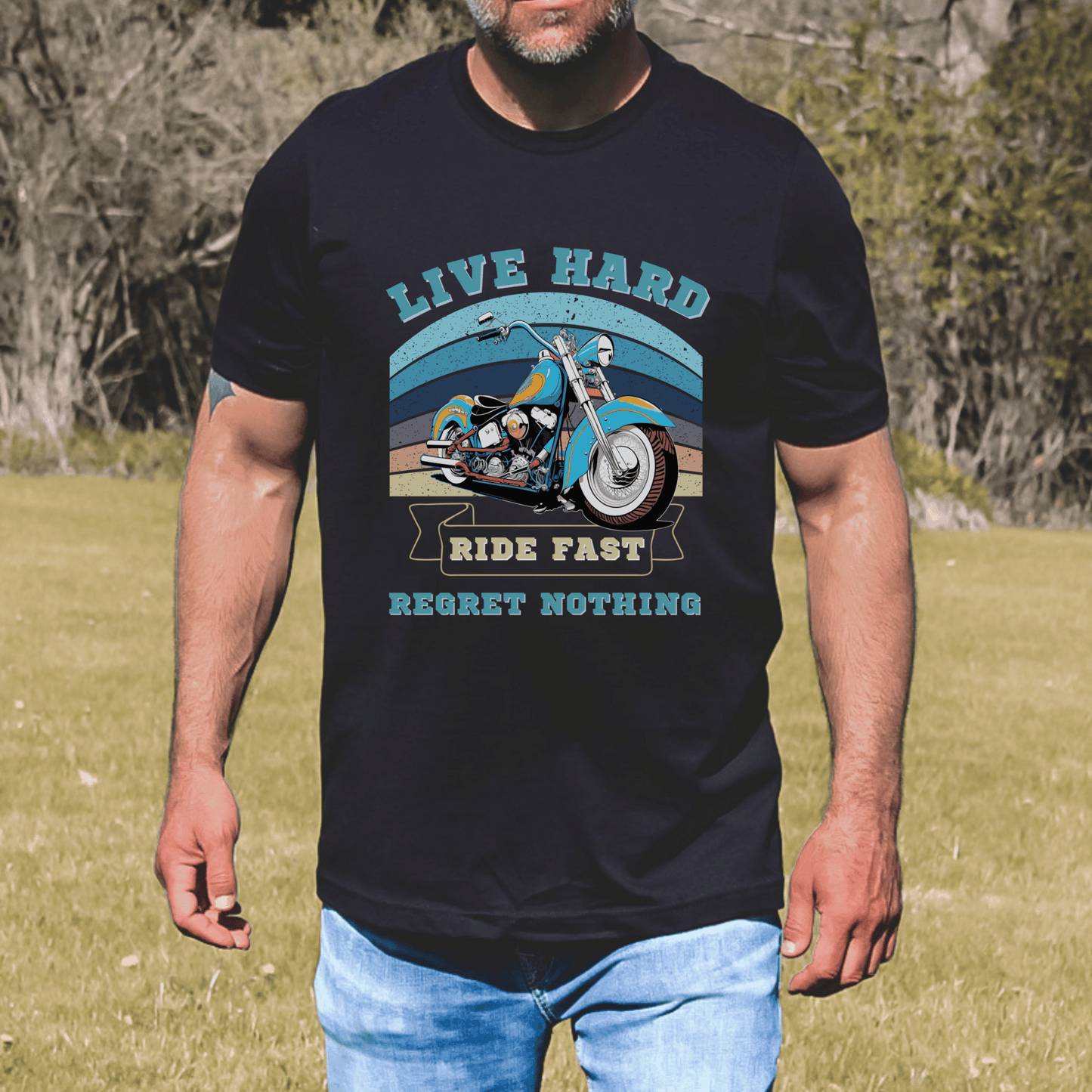 men's motorcycle tee - the ultimate biker shirt for the motorcycle rider who lives hard, rides fast, and has no regrets. This motorcycle graphic tee is the perfect addition to any biker's wardrobe, featuring a bold design that is sure to turn heads. 