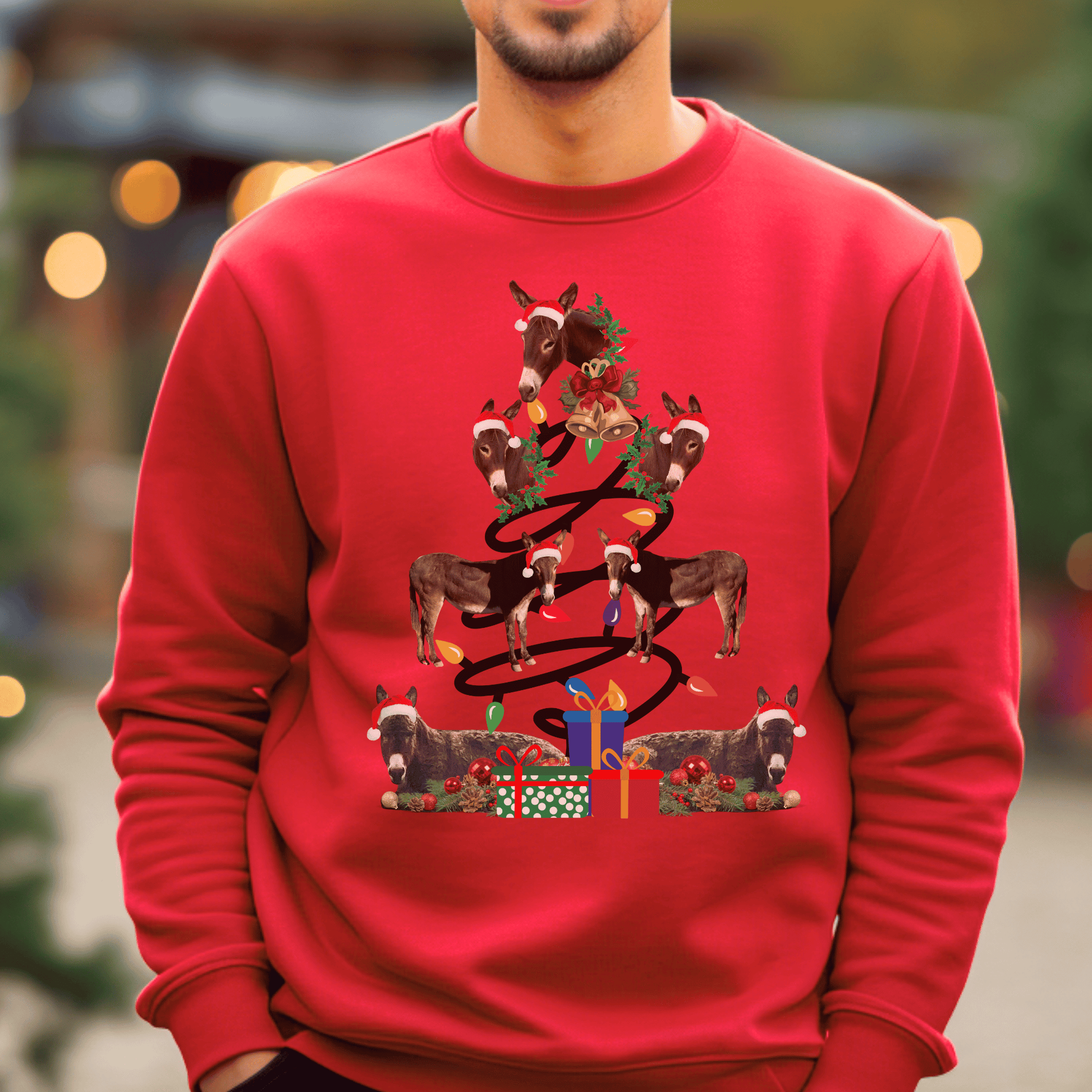 Several Donkeys making up the Christmas tree on a crew neck sweatshirt.