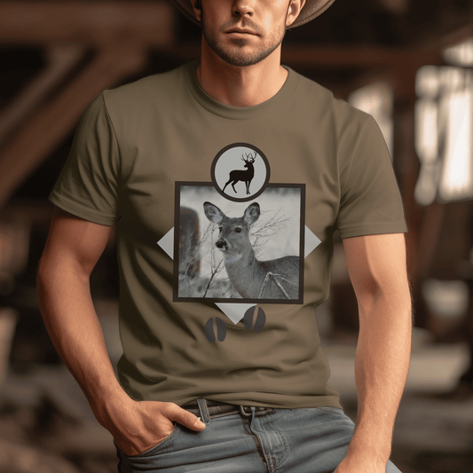 This whitetail deer graphic design Men's t-shirt is a perfect gift for any hunting enthusiast! The shirt features a striking image of a majestic deer, making it a great addition to any outdoors man's wardrob