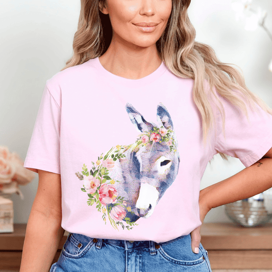 A pastel donkey and flowers design on a crew neck t-shirt.