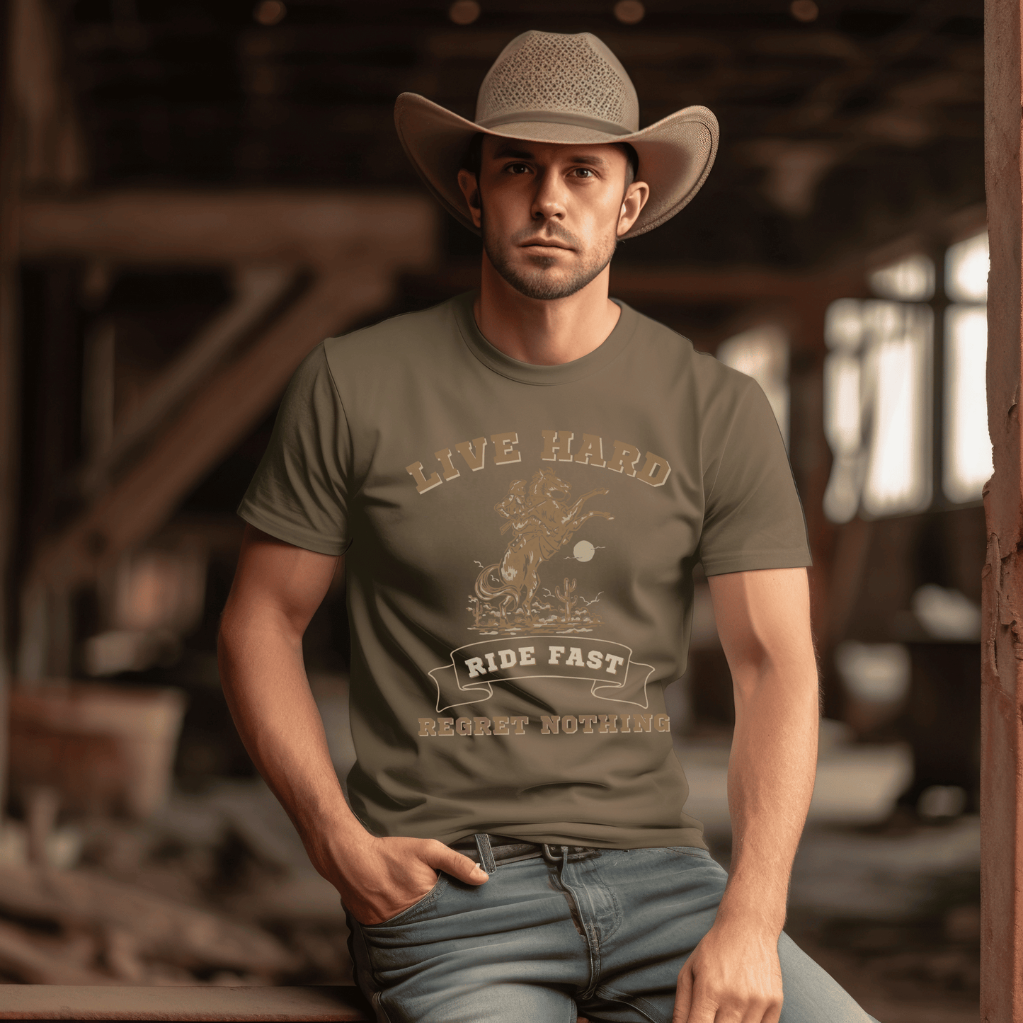 Live Hard Ride Fast western horse design on a t-shirt! Perfect for those who appreciate the nostalgic charm of vintage prints and have a love for horses. This eye-catching t-shirt features a striking horse design that embodies the essence of freedom and adventure.