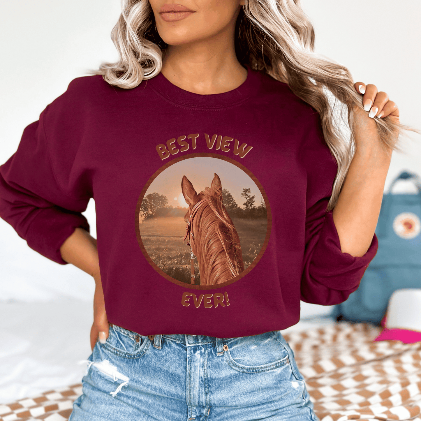 Best View Ever saying with a chestnut horse looking at the sunrise On a crew neck sweatshirt.