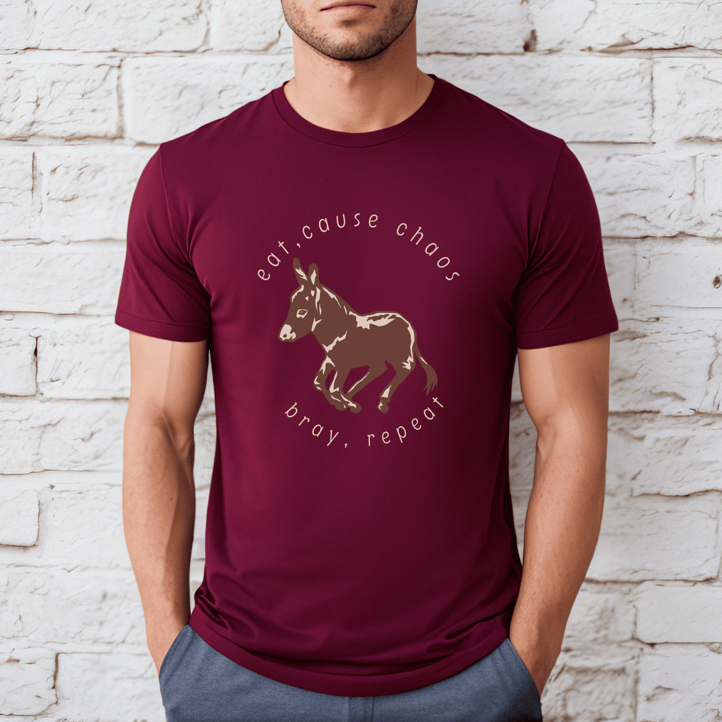  donkey t-shirt featuring a cute donkey design and the fun saying eat, cause chaos, bray, repeat. This whimsical and charming tee is perfect for donkey lovers