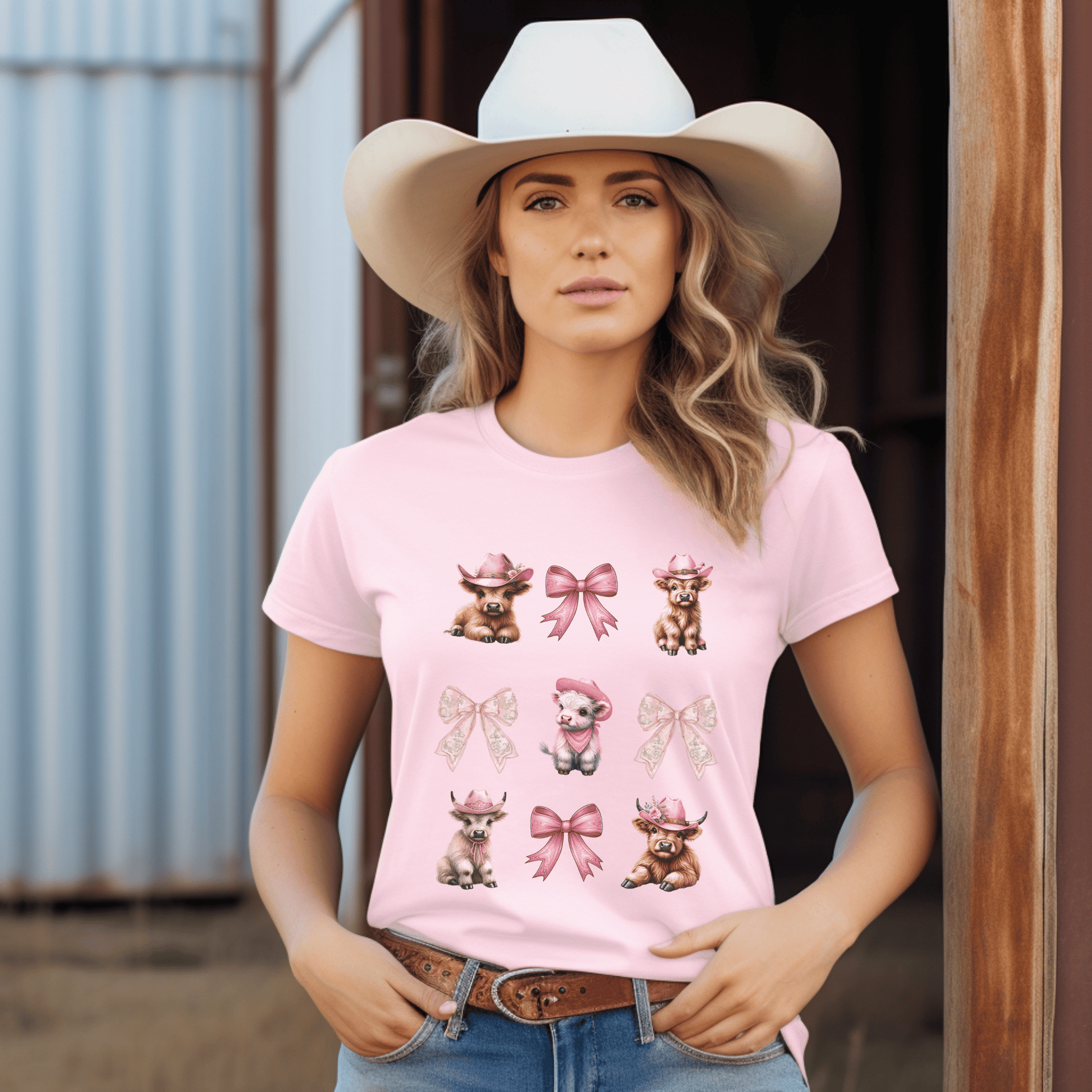 Coquette style design that includes cute highland cow calves and pink ribbions on a high quality t-shirt.