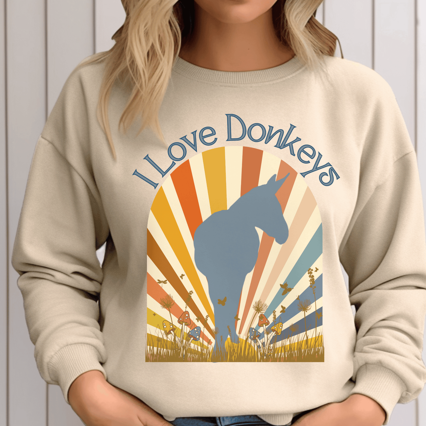 Crew neck sweatshirt with vintage sun-rays design with a captivating donkey silhouette. Crafted with love and care, it boasts a perfect blend of softness and warmth, ensuring that you stay comfortable during chilly days.