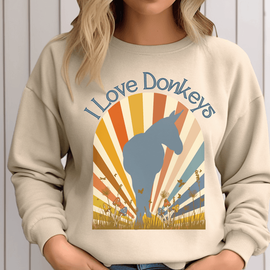 Crew neck sweatshirt with vintage sun-rays design with a captivating donkey silhouette. Crafted with love and care, it boasts a perfect blend of softness and warmth, ensuring that you stay comfortable during chilly days.