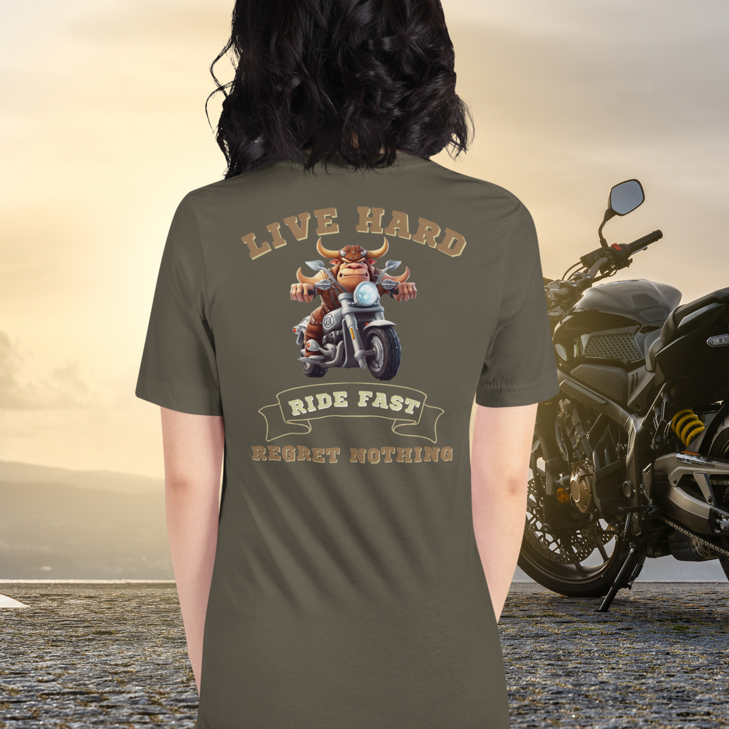 bull riding a motorcycle tee - the ultimate biker shirt for the motorcycle rider who lives hard, rides fast, and has no regrets. This motorcycle graphic tee is the perfect addition to any biker's wardrobe