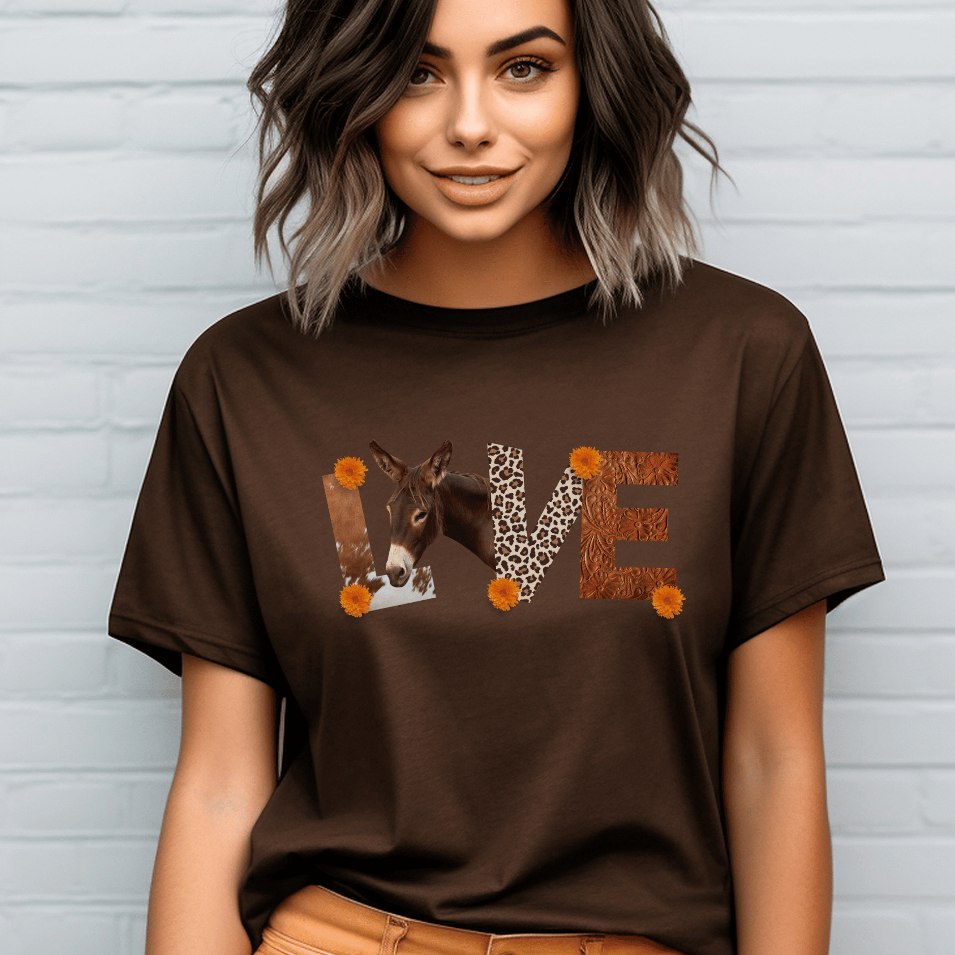 cute donkey love leather letters t-shirt is the perfect women's donkey tee for that country loving, lady&nbsp; or guy that loves a cute animal shirt.