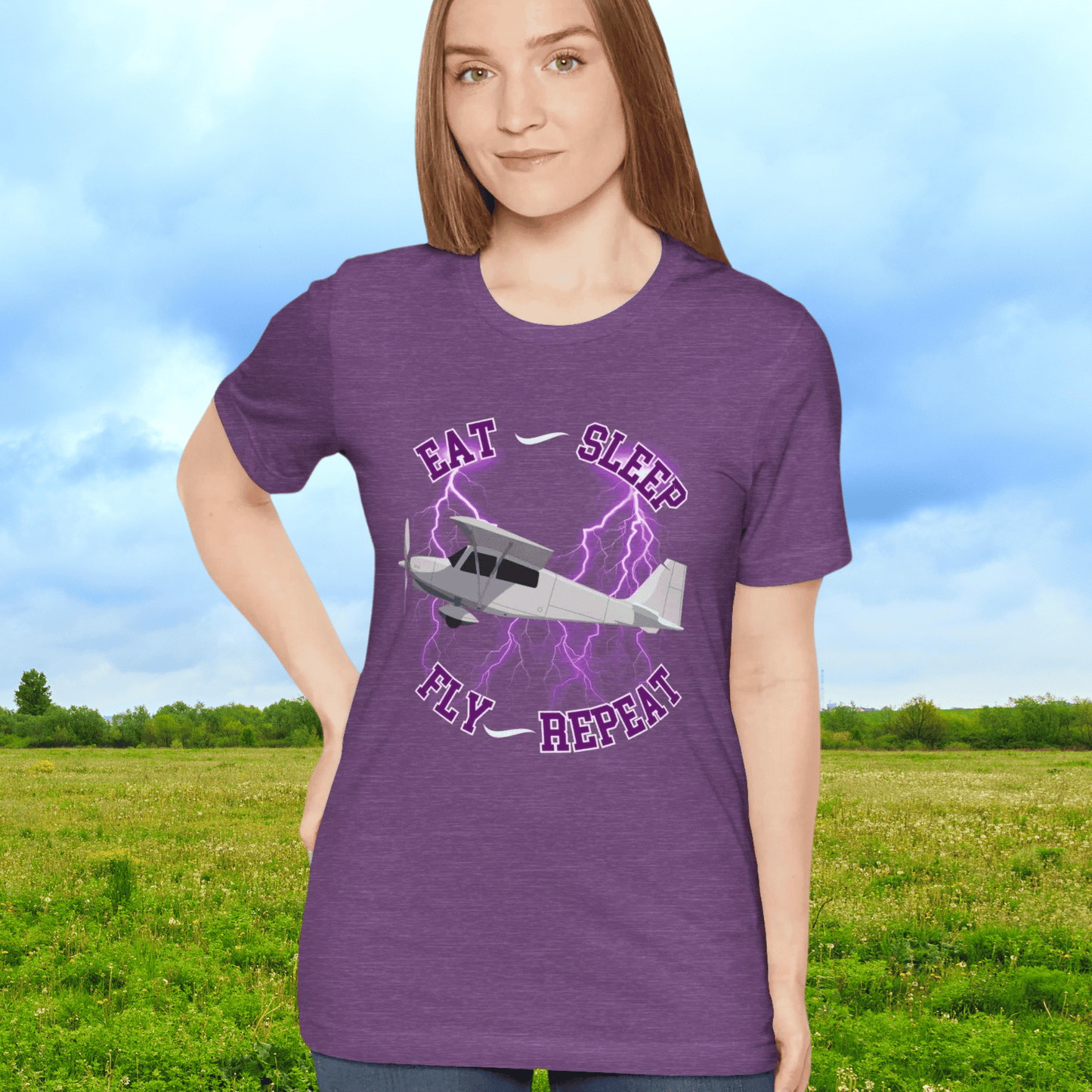 T-shirt, perfect for aviation enthusiasts and those who have a passion for flying with the saying Eat, sleep Fly repeat.