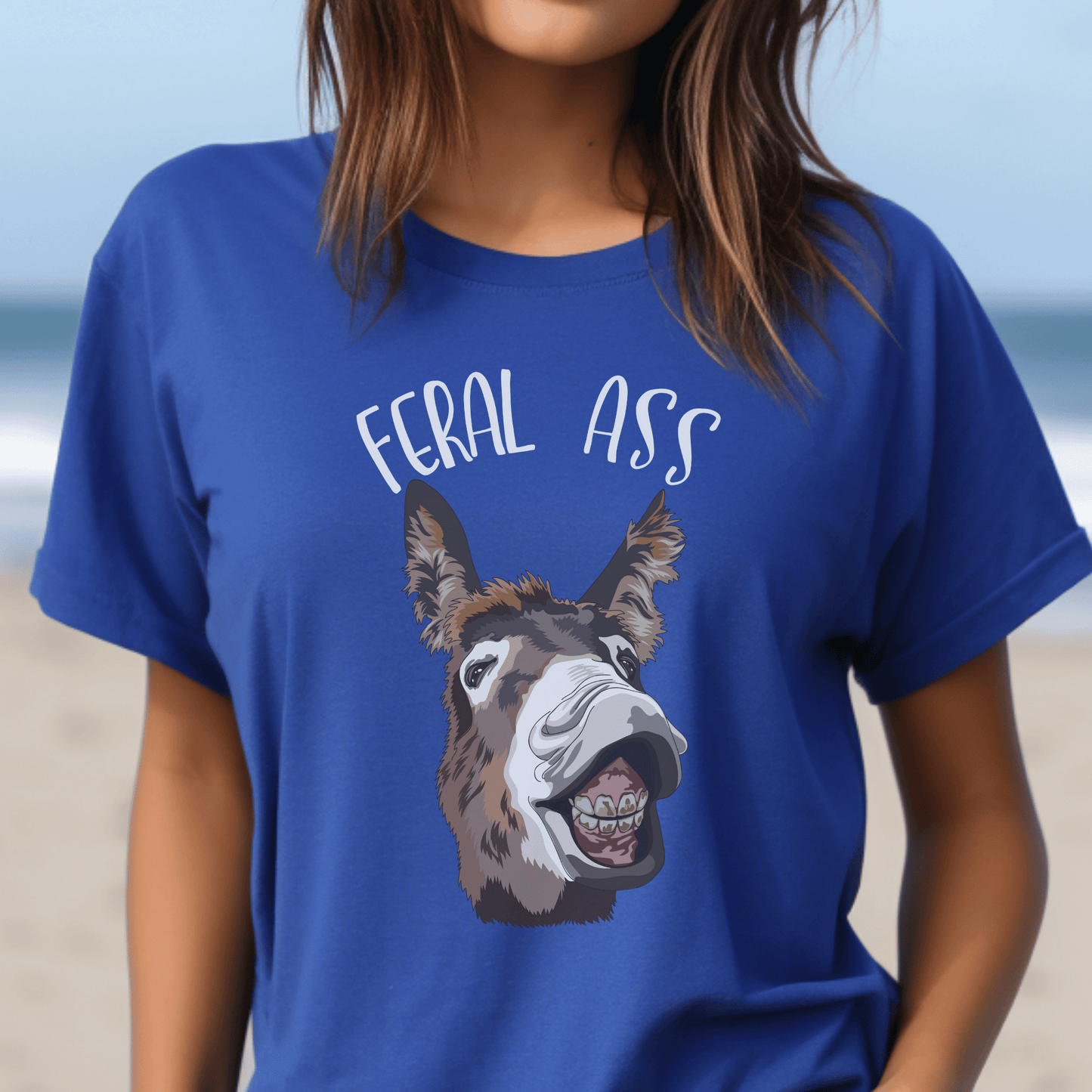 Smart Alec T-shirt featuring a playful donkey graphic and the humorous saying feral ass. This fun and lighthearted tee is perfect for anyone with a witty sense of humor and a love for unique designs